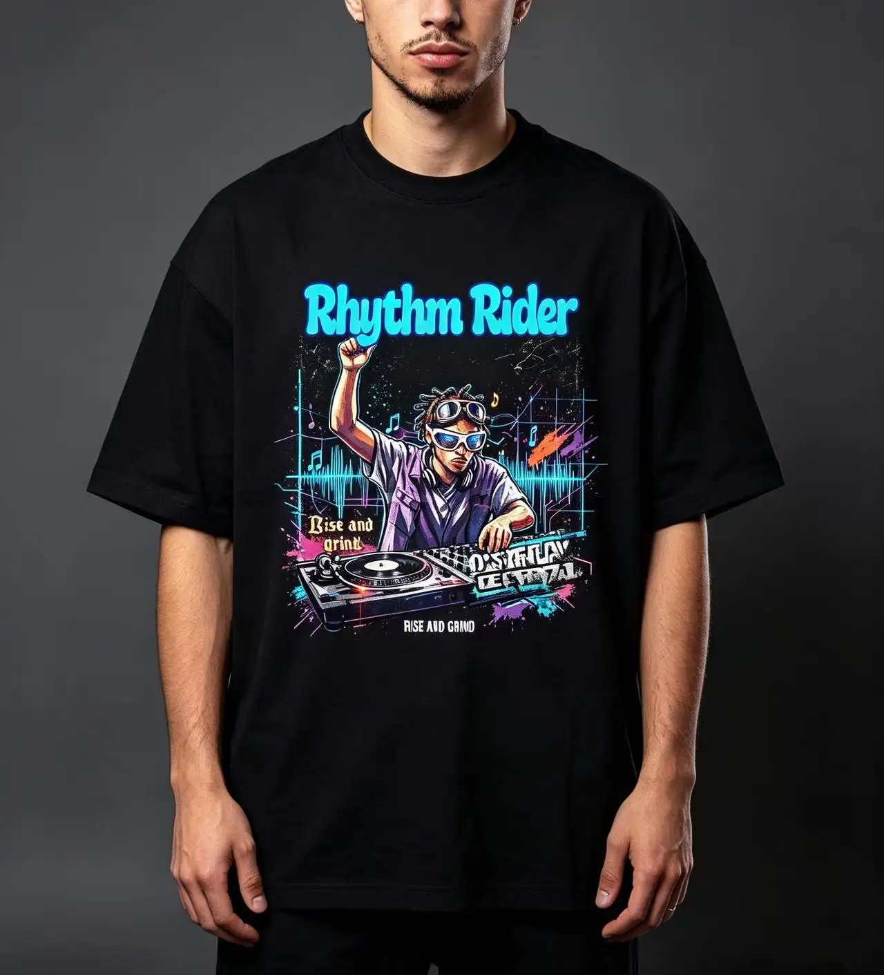 Unisex Rhythm Rider DJ Turntable Music Graphic T Shirt Men Women Colorful Graffiti Soundwave Hip Hop Print Oversized Crew Neck Short Sleeve Cotton Tee