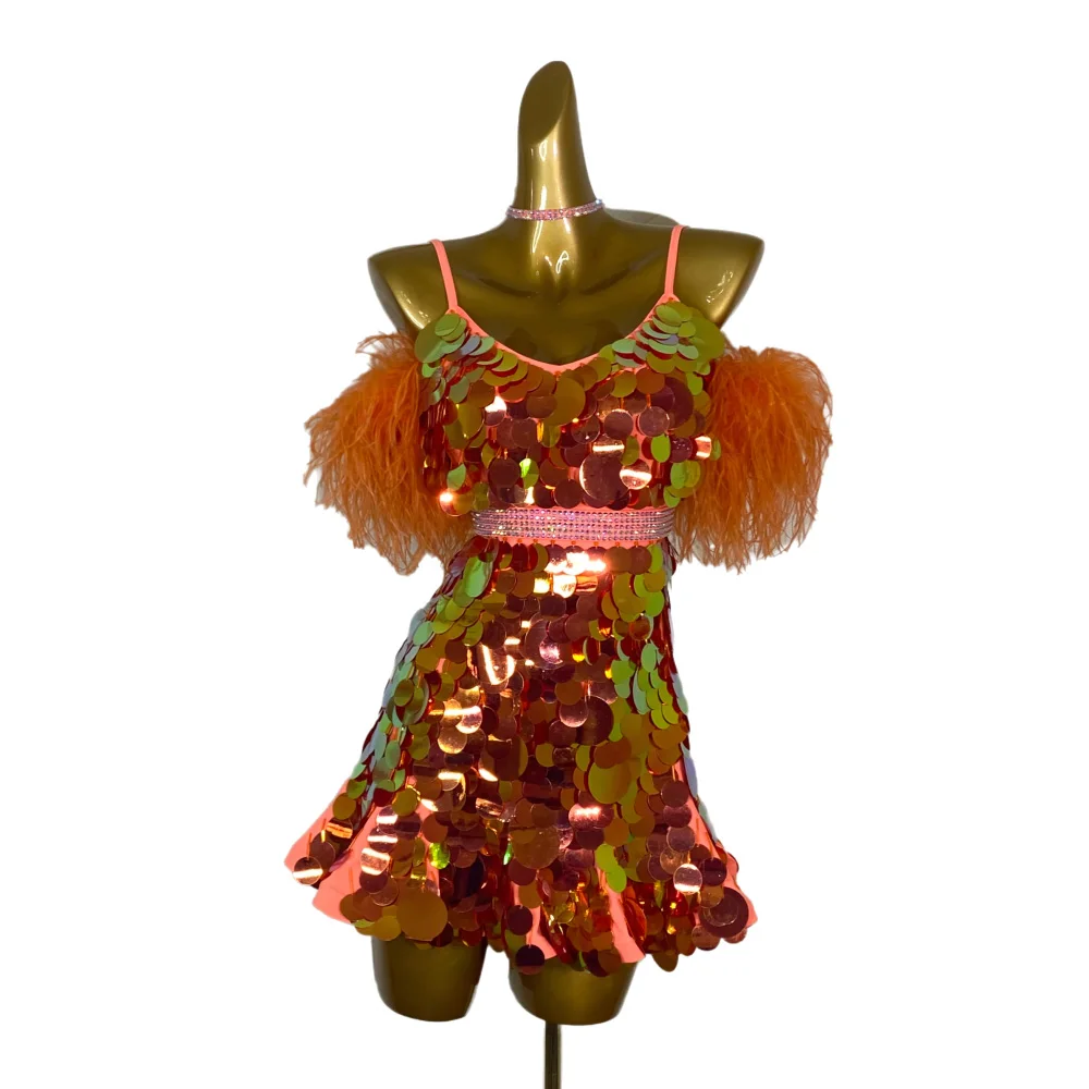 

Latin Dance AB Stone Female Adult Children High end Customized Neon Glitter Fluffy Strap Black Pool Samba Performance Dress