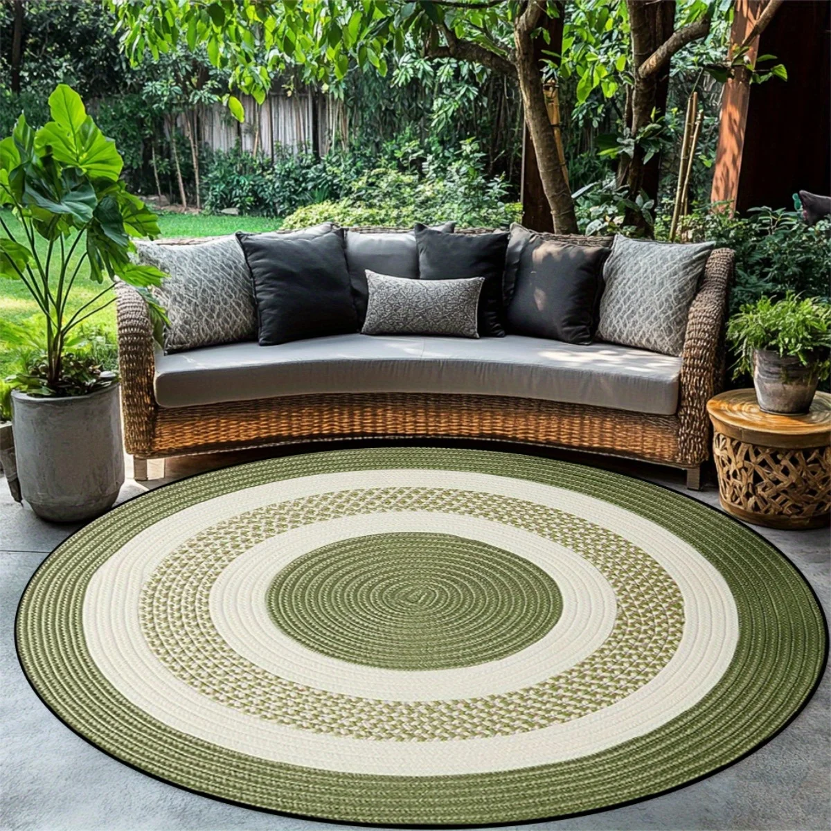 Green Circular Rug Flannel Printed Outdoor Patio Mat Garden Decor Modern Design Woven Pattern Couch Area Floor Covering