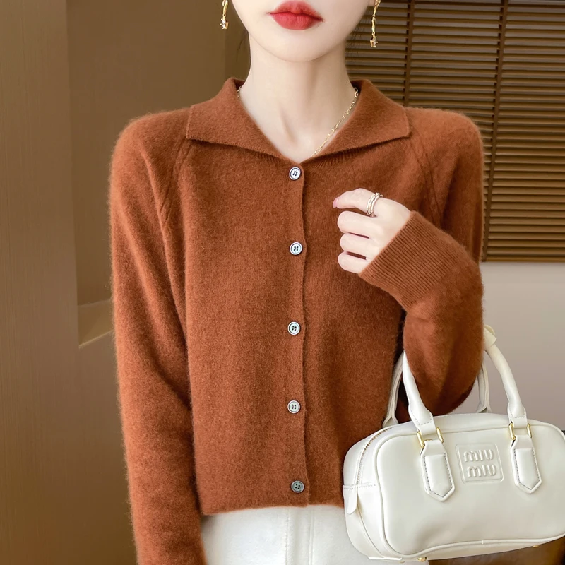 24 autumn and winter new cashmere sweater women\'s sweater 100% merino wool fashion lapel autumn warm cardigan top