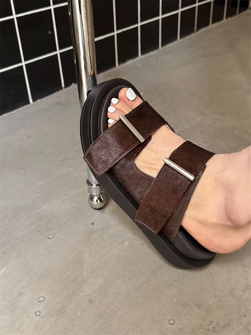 Summer Platform Slippers Comfortable Horsehair Genuine Leather Beach Womens Buckle Chunky Vacation Slides for Ladies Footwear