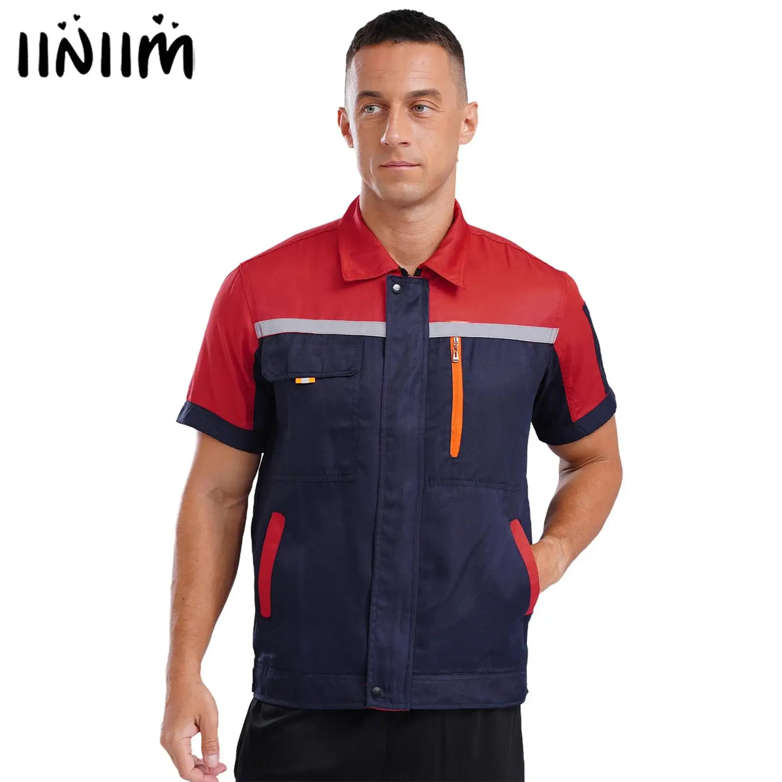 

Men's Short Sleeve Mechanic Work Shirt Front Zip Industrial Uniform Workshop Uniform Factory Workwear Jacket Tops with Pockets