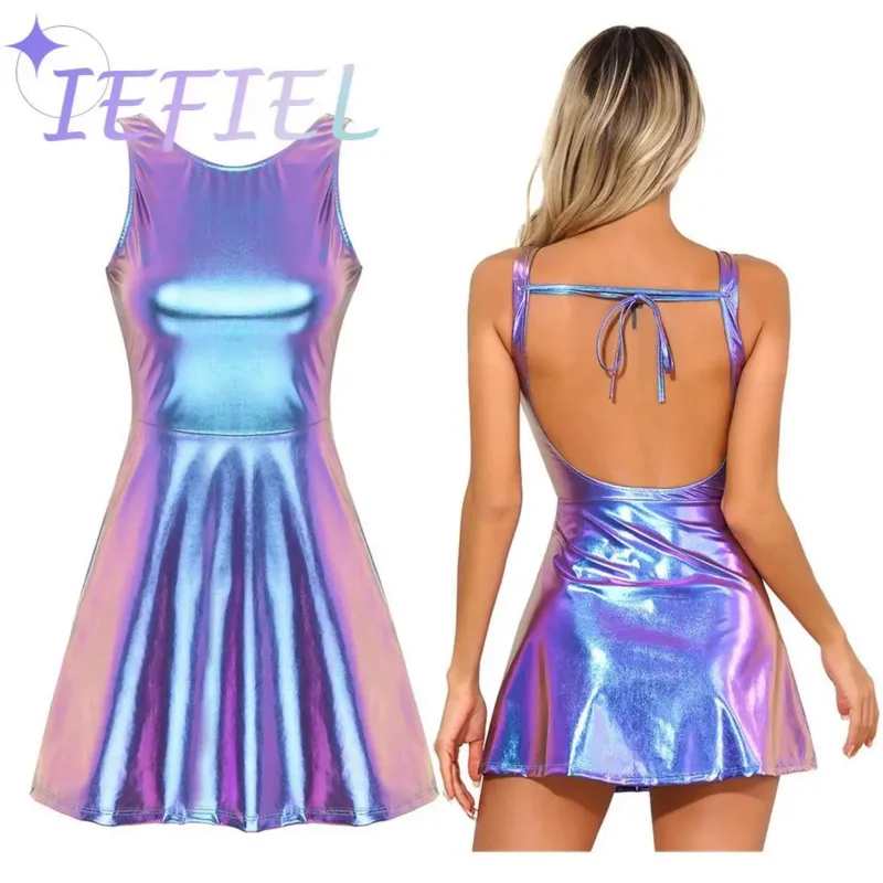 

Hot Girl Metallic Shiny Backless Cocktail Party A-line Mini Dresses High Waist Club Party Disco Holographic Jazz Dance Costume