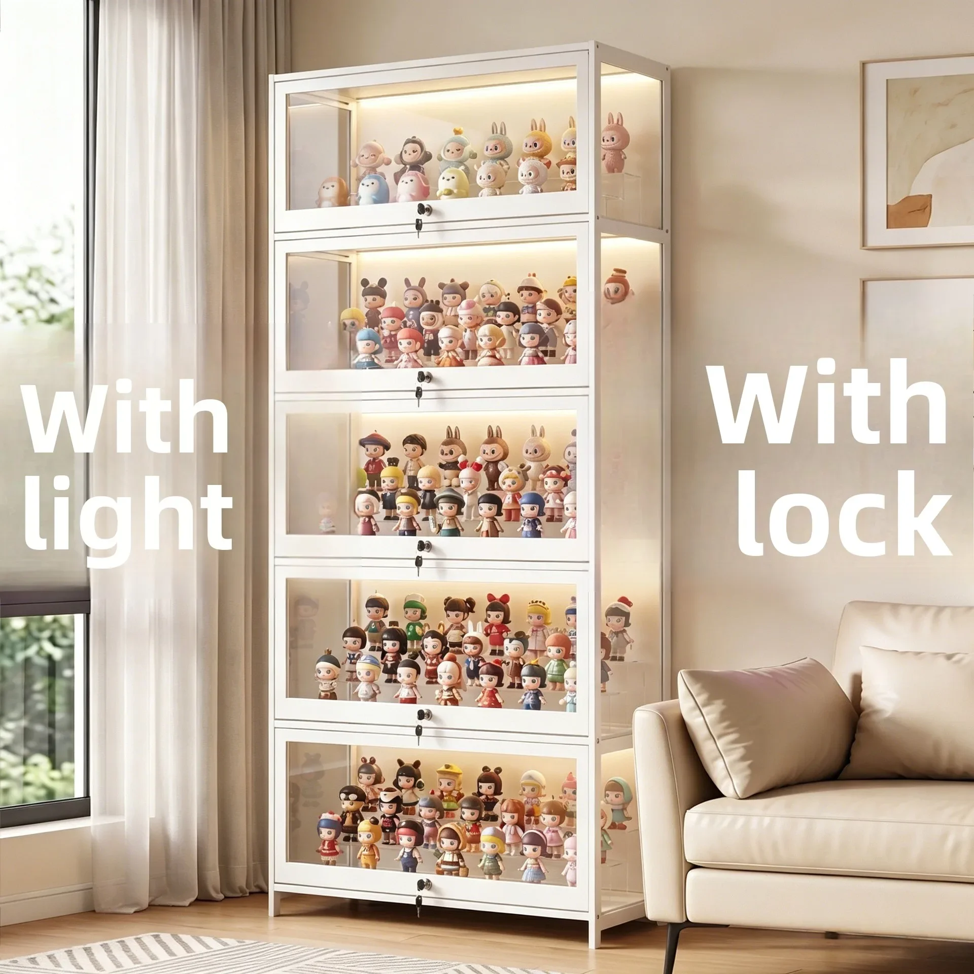 Display cabinet with lamp and lock, household living room figure display cabinet, multi-layer blind box storage cabinet