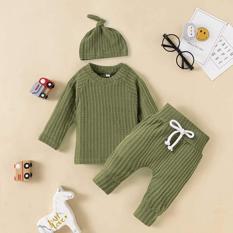 Children\'s Knitting Solid Color Long Sleeve Top Sweatshirt Hat Baby Girl Boy Pants Toddle Three-piece Suits Outfits
