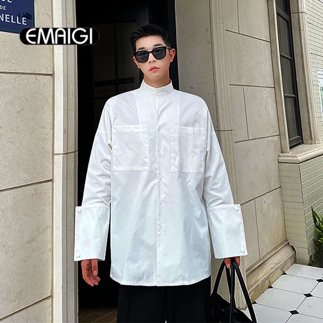 Mens vintage solid color stand collar long sleeve loose casual t shirt clearance