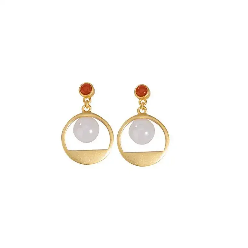 Ancient Gold Craft Frosted Design Natural Hetian White Jade Beads Earrings for Women Ear Studs Ethnic Charm Party Jewelry