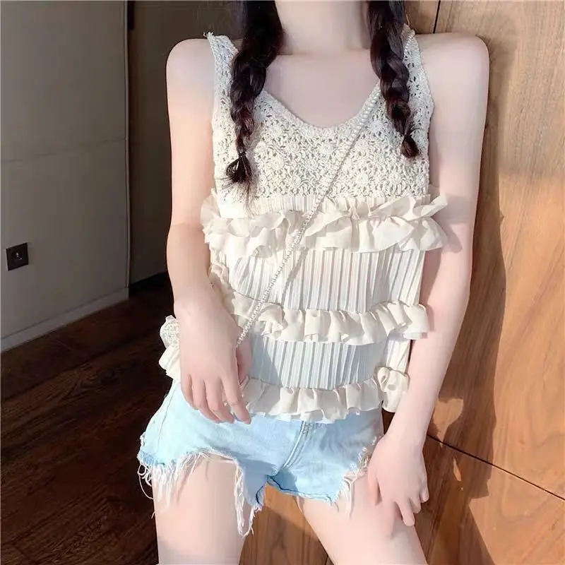 Sleeveless Summer Casual Splicing Women's Y2K Tops Korean Vest Comfortable Sexy Camisole Hollow Out Fashion Apricot Tank Tee