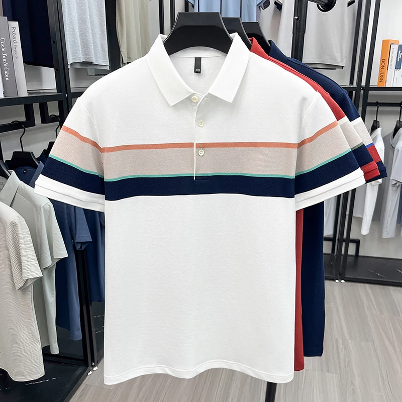 High Luxury Cotton Business Polo Men 2026 Summer Patchwork Colors Tops Short Sleeve Clothes Fashion Striped Breathable T-shirt