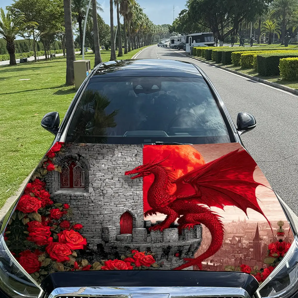 

Dragon Occupies the Rose Castle Car Vinyl Wrap, PVC Material Waterproof Car Hood Sticker, Self-Adhesive Scratch-Resistant Sticke