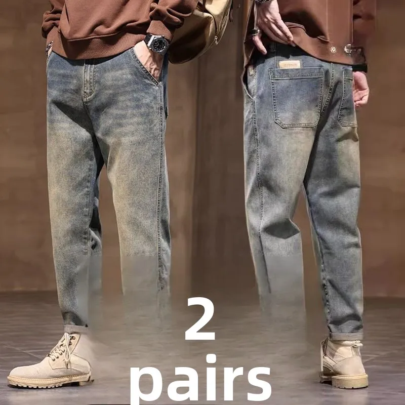 Spring Summer New Retro Men's Jeans Straight Leg Elastic Casual High Waist Long Pants Classic Style Fashionable All-Match