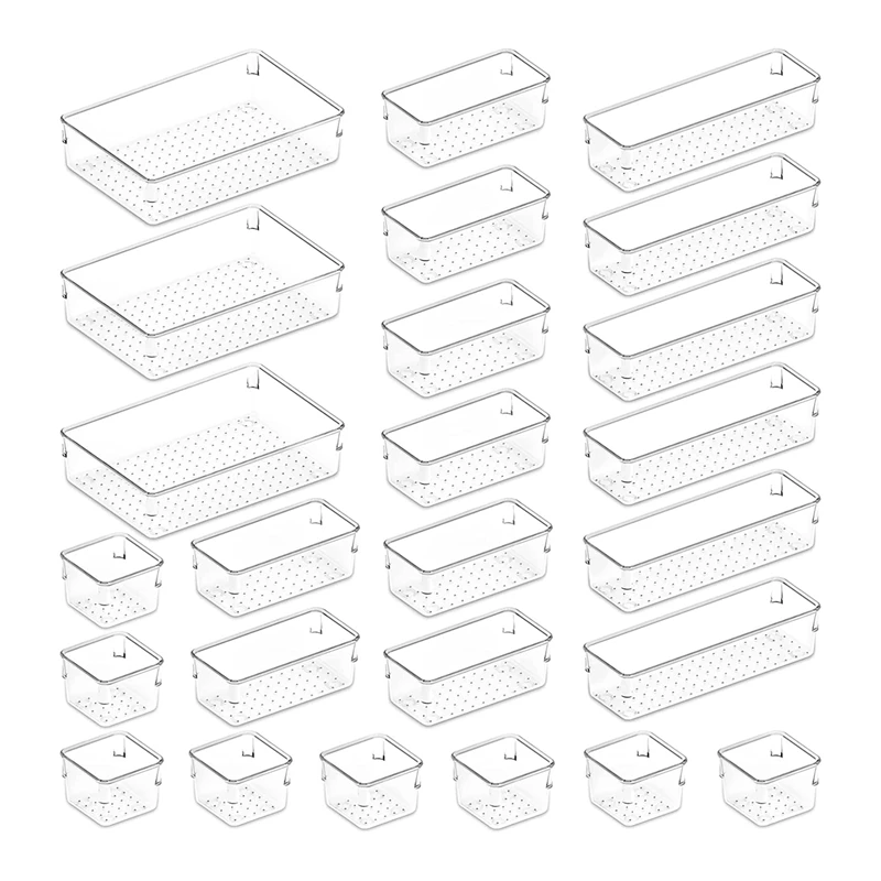 

25 шт. набор органайзеров для ящиков, прозрачные пластиковые перегородки для ящиков стола, лотки, контейнеры для хранения комода, разделительная коробка для макияжа
