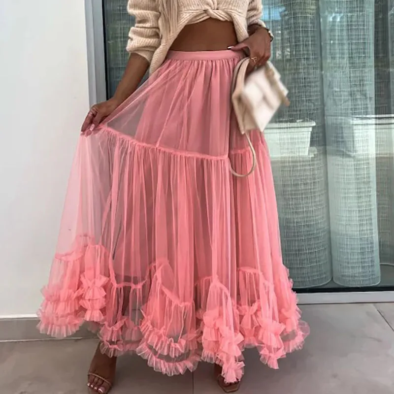 All-match Ladies Solid Color Pleated Skirt Fashion Ankle Length Tulle Skirt 2024 Female High Waist Splicing Tiered Dance Skirts