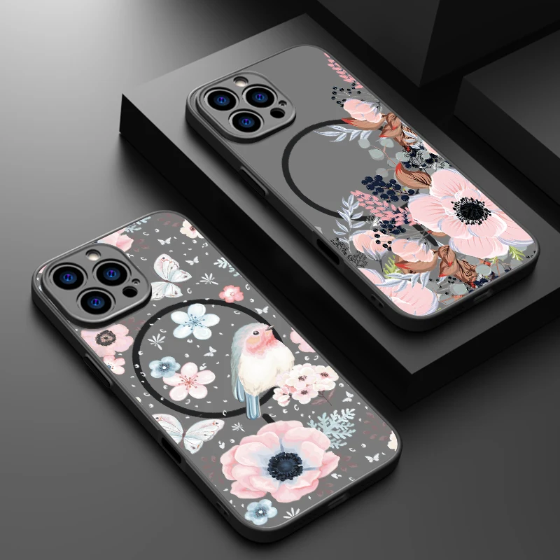 Durchscheinende, matte Handyhülle für iPhone 18, 17, 17e, 16, 15 Pro, 14, 13 Pro Max, mit Magsafe-Funktion, bunter Blumenmuster-Druck auf der Rückseite. – Detail 3