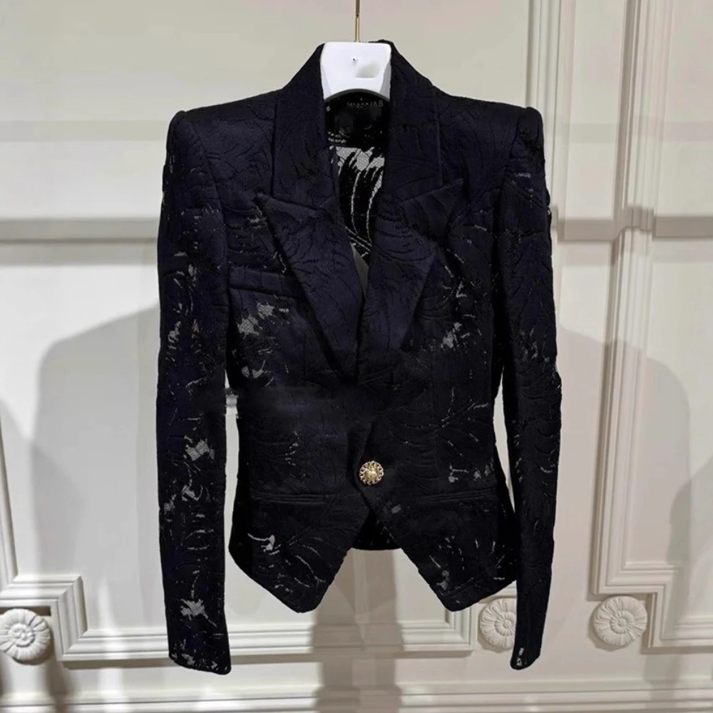 TWOTWINSTYLE Solid Sheer Spliced Lace Elegant Jackets for Women Lapel Long Sleeves Patchwork Button Jacket Female Clothing New