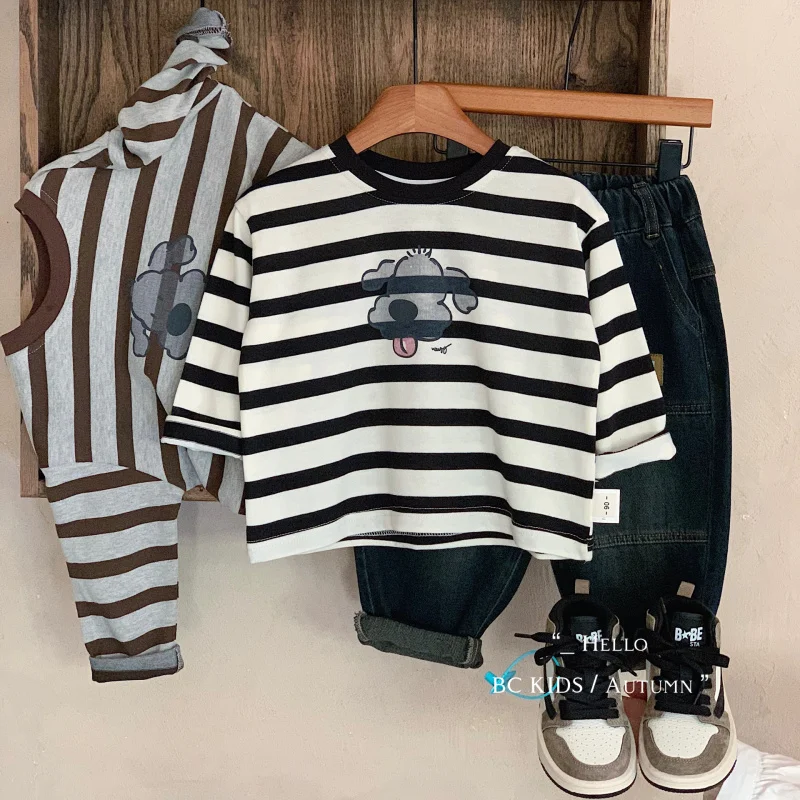 

ChildrenTT-shirt2024Autumn New Boys' Long-Sleeved Striped Puppy Bottoming Shirt All-Matching Fashionable TopG0391