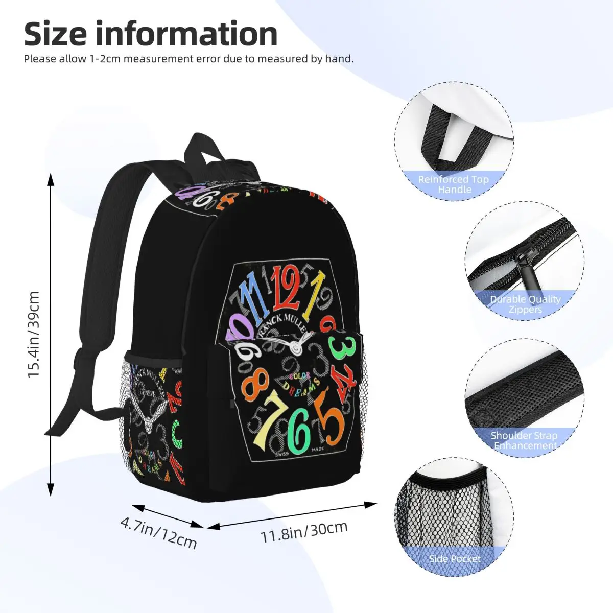 Franck Muller Color Dreams Hand Drawn Watch Face Backpack Student Boys Girls BookBag Men Women School Bag Laptop Shoulder Bags