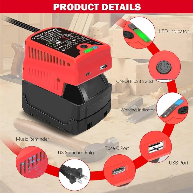 شاحن بطارية لميلووكي 18 فولت 48-59-1802 48-11-1850 48-11-1880 شاحن بطارية سريع مع منافذ إخراج USB ونوع C