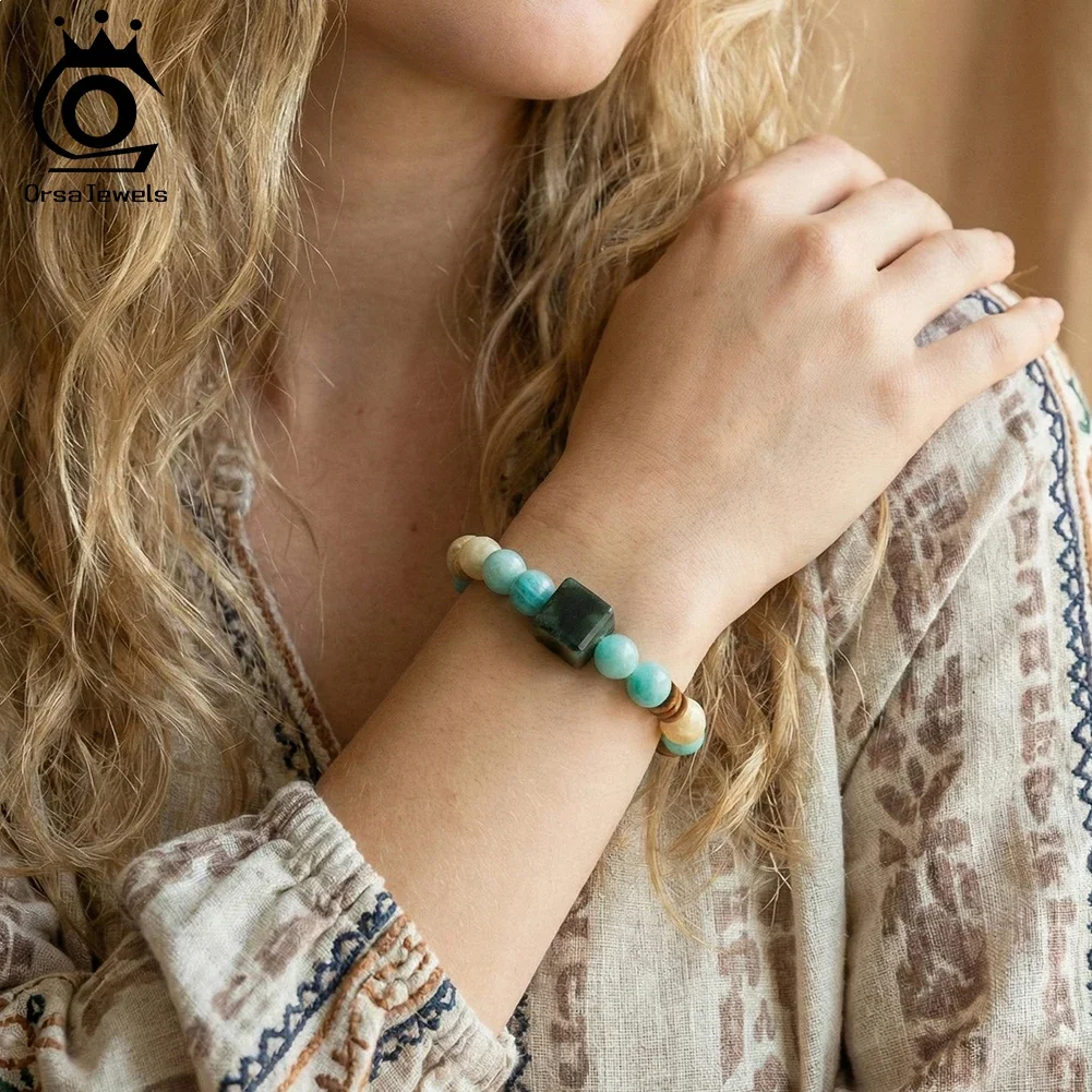 

ORSA JEWELS S925 Colorful Natural Stone Beads Stretch Bracelet Healing Elastic Rope Turquoise Crystal Stone Bracelet GMB87