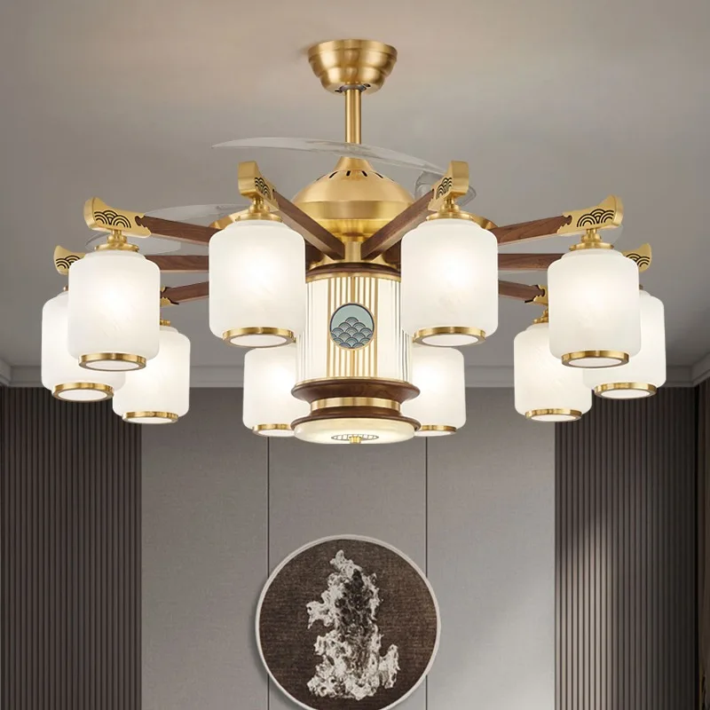 All copper new Chinese invisible fan light living room ceiling fan light dining room copper and wood