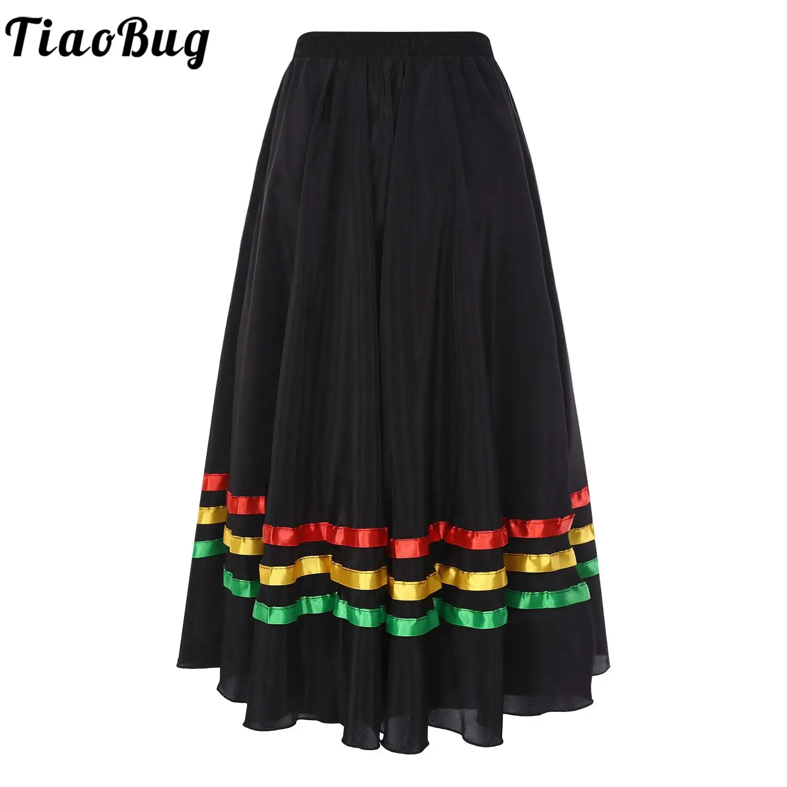 Women Flamenco Dance Skirts High Waist Elastic Waistband Striped Hemline Ruffle Skirt Spanish Lyrical Ballroom Dancewear Bottoms