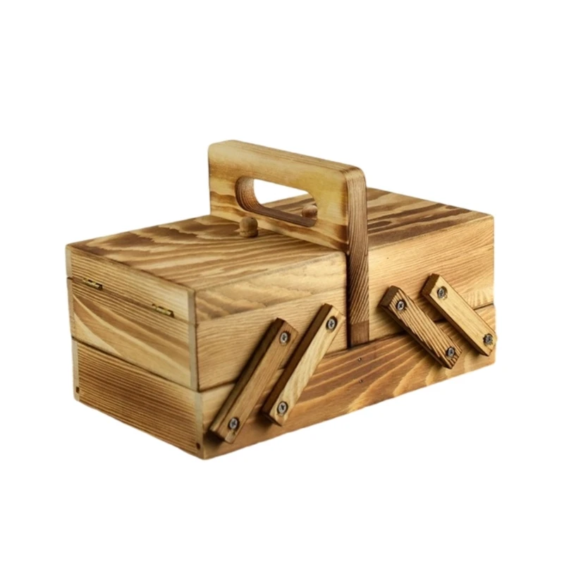 Portable Folding Sewing Storage Box Wood Sewing Supply Organizers Case Double Layered For Knitting Supply Makeup Jewelry