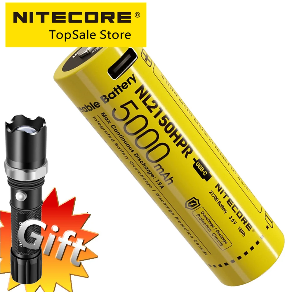 

Nitecore NL2150HPR 21700 Rechargable Li-ion Battery Build-in USB-C Port 15A 5000mAh High Drain Unlimited Energy + FREE Flshlight