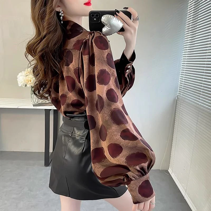 Spring Autumn Polo-neck Loose Casual Dot Printing Shirt Women Lantern Long Sleeve Elegant All-match Top Female Cardigan Blouse