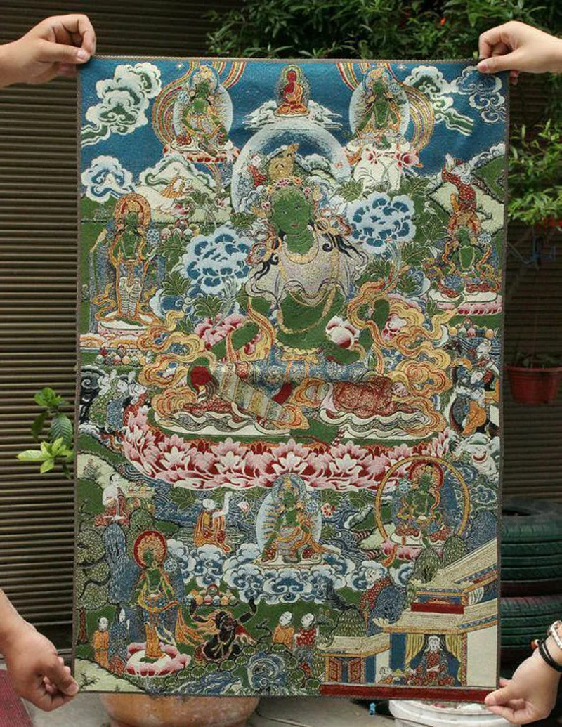 

36" Tibet Buddhism Silk Cloth Green Tara Goddess Thangka Embroidery Mural