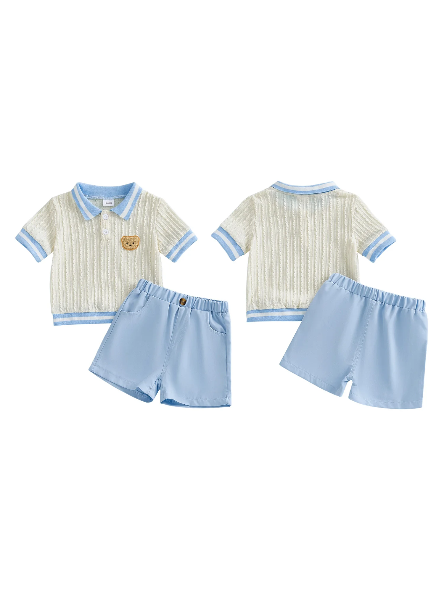 

Комплект одежды из двух предметов для маленьких мальчиков, вязаный топ с короткими рукавами и однотонными шортами на лето с принтом медведя