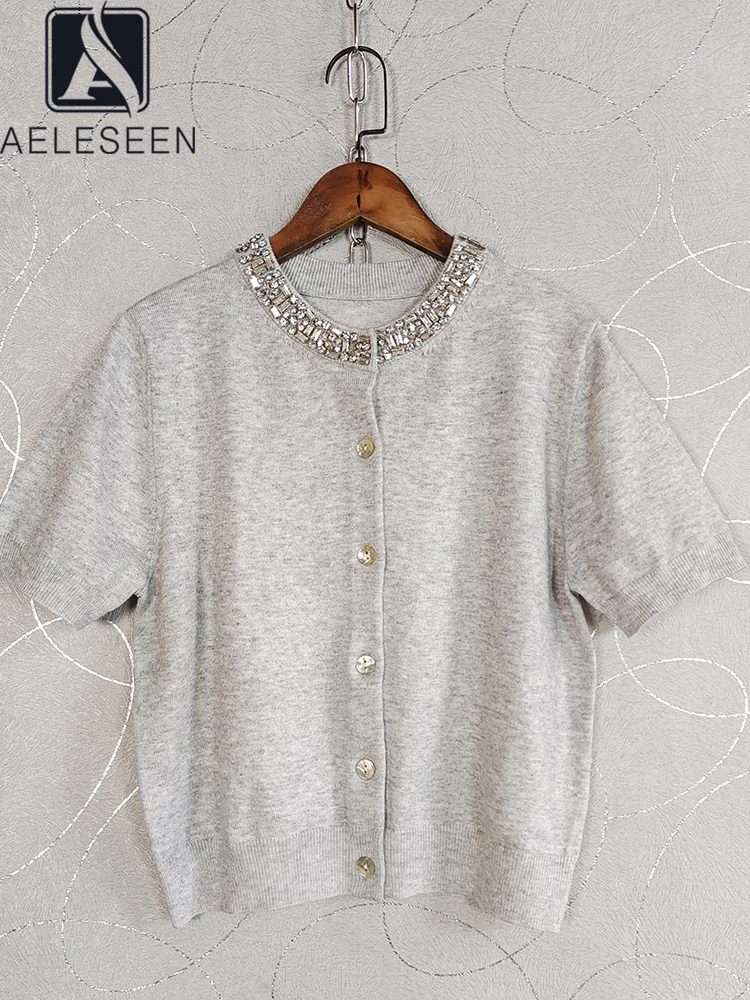 AELESEEN 2024 Women Summer Short Sleeve Knitted Cardigan Gray Black Luxury Crystal Diamonds Soft Ladies Top