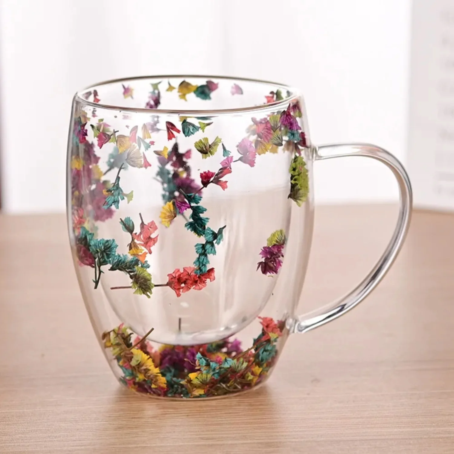 350ml Artificial Flower Glass Coffee Mug Double-Walled Espresso Cups Heat Insulated Quicksand Water Cups Summer Winter Drinkware