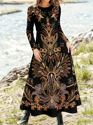 Printed Design Women's Black Golden Peacock Floral Long Sleeve Maxi Dress