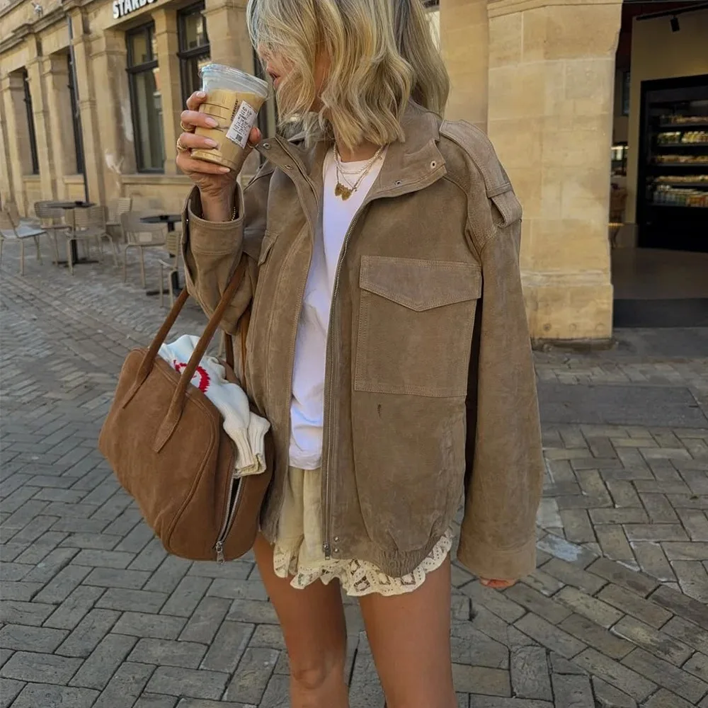 

KONDALA женская замшевая куртка 2021, осень-весна, модное свободное пальто на молнии с длинными рукавами, шикарная женская уличная кожаная верхняя одежда ﻿