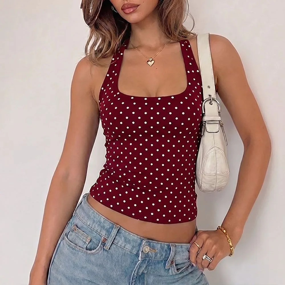 Polka Dot Print Crop Tank Top Square Collar Slim Fit Halter Crop Top Hanging Neck Solid Color Backless Crop Top Birthday Party
