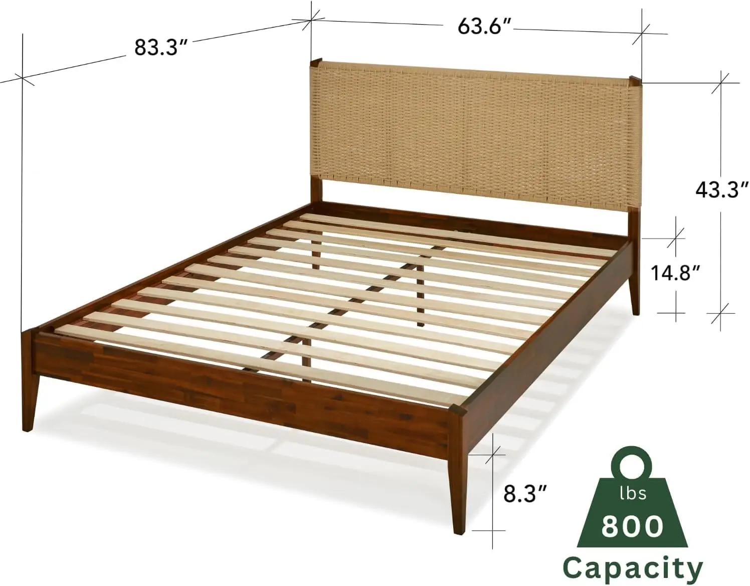 Bme Selina Wood Platform Bed Frame - Handcrafted Paper Cord Unique Headboard - No Box Spring Needed - 12 Strong Wood Slats