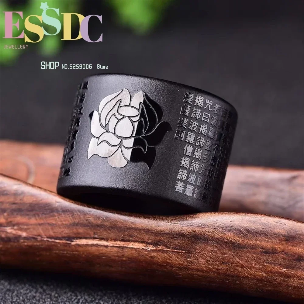 Natural Obsidian Prajna Paramita Heart Sutra Lotus Fingerstall Men's Thumb Ring Fashion Jewelry Ring