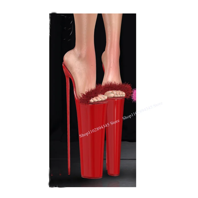 Red Fur Plus Platform Slip On Sandals Thin High Heel Peep Toe Fashion Sexy Novel Western Summer Woman Shoes Zapatillas Mujer