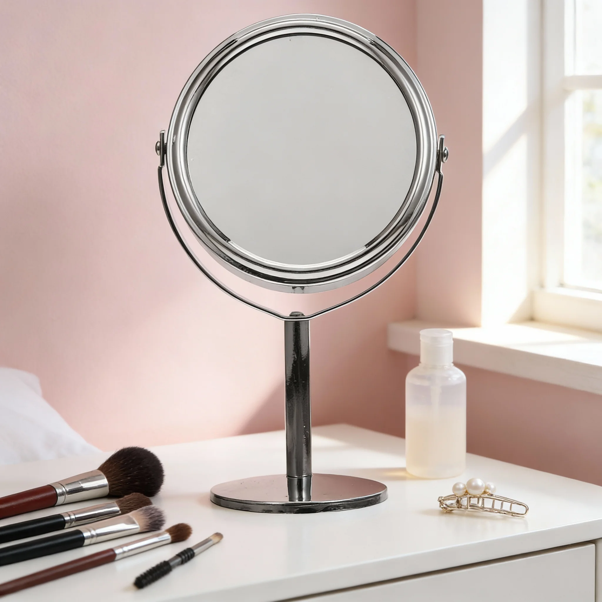 مرآة مكياج مستديرة على الوجهين لسطح المكتب مكبرة بزاوية 360 درجة وقاعدة ثابتة للحمام المنزلي