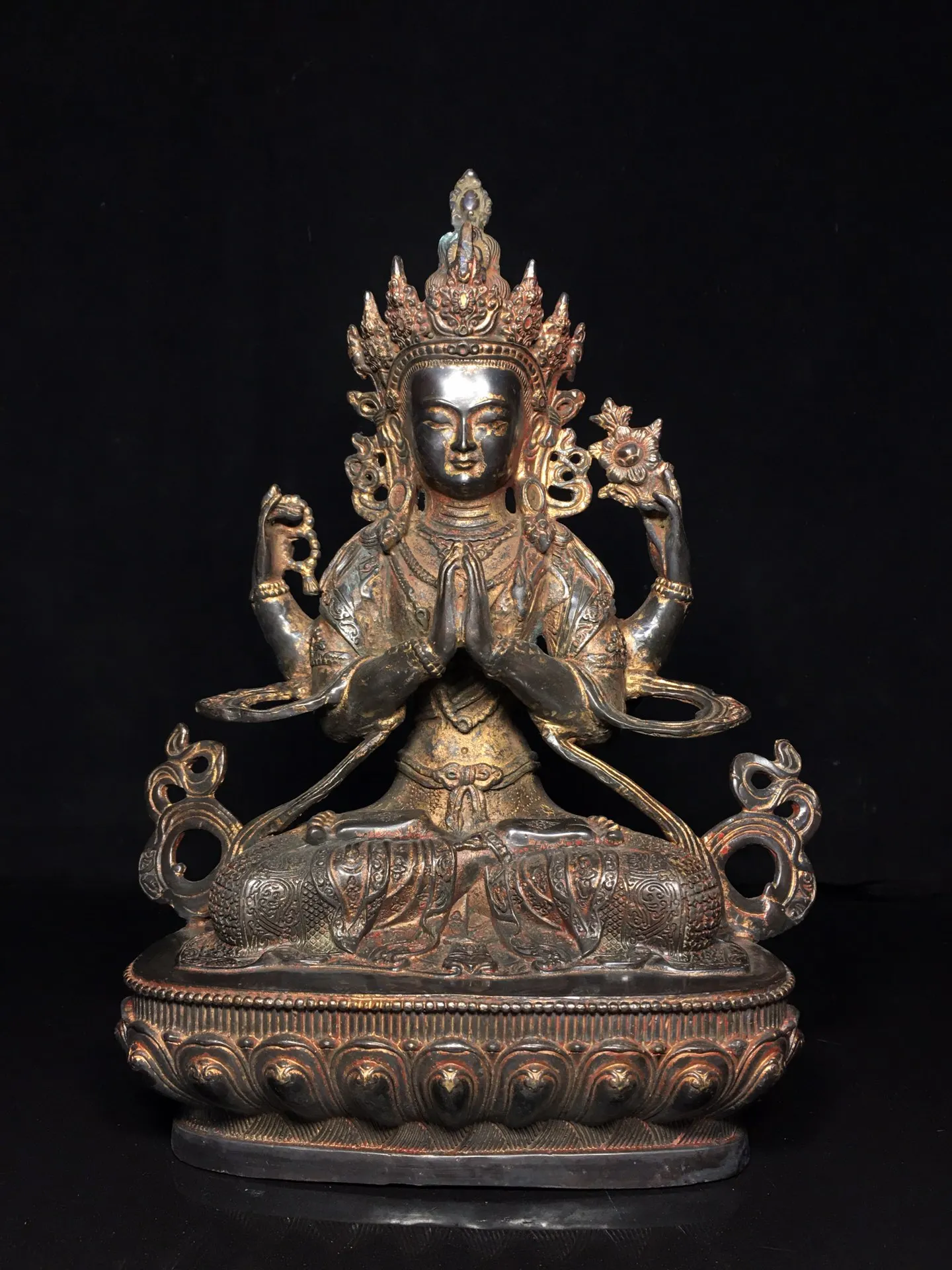 Tibetan brass, gold painting, face drawing, four arms, Buddha statue ornament, Home Furnishing Hall, desktop incense case suppli