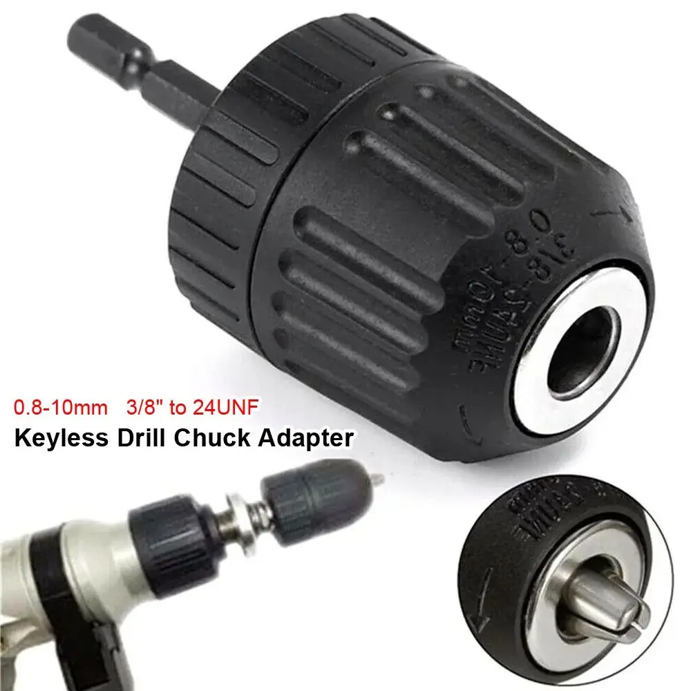 1Pcs 0.8-10mm Keyless Drill Chuck 1/4" Hex Shank 3/8" to 24UNF Thread Quick Change Adapter Quick Connection Steel