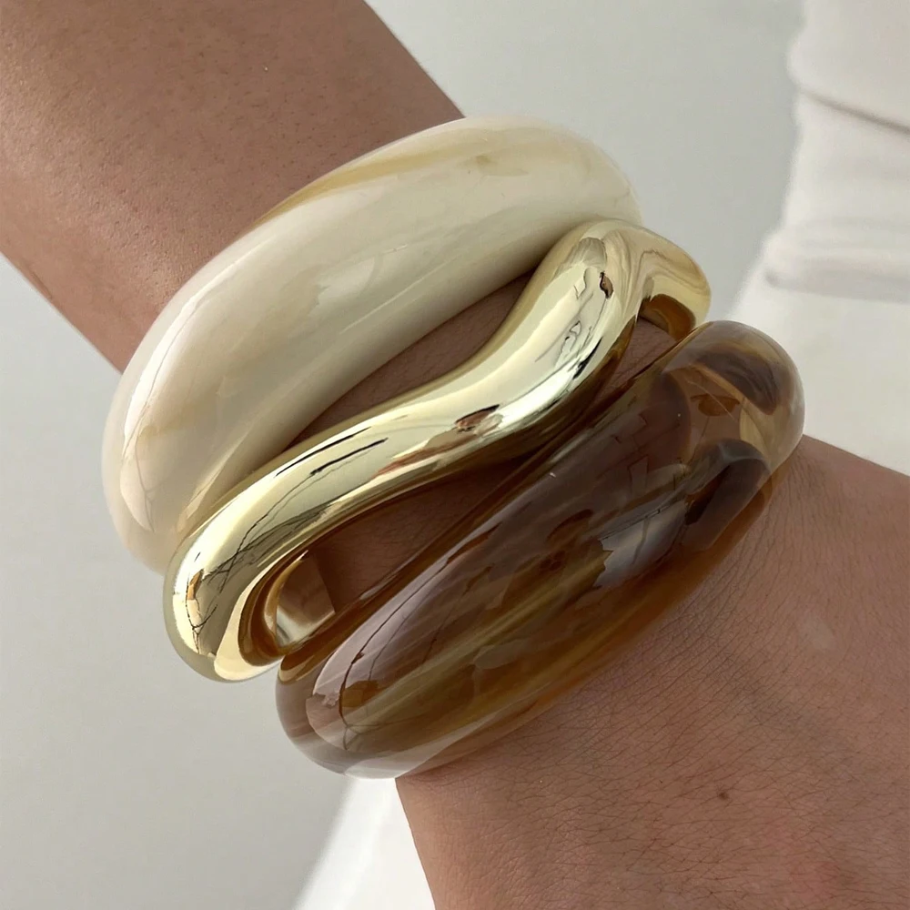 3pcs Vintage Minimalist Wavy Acrylic CCB Open Bangle Bracelet Set for Women Trendy Daily Wear Holidays Stackable Jewelry Gifts