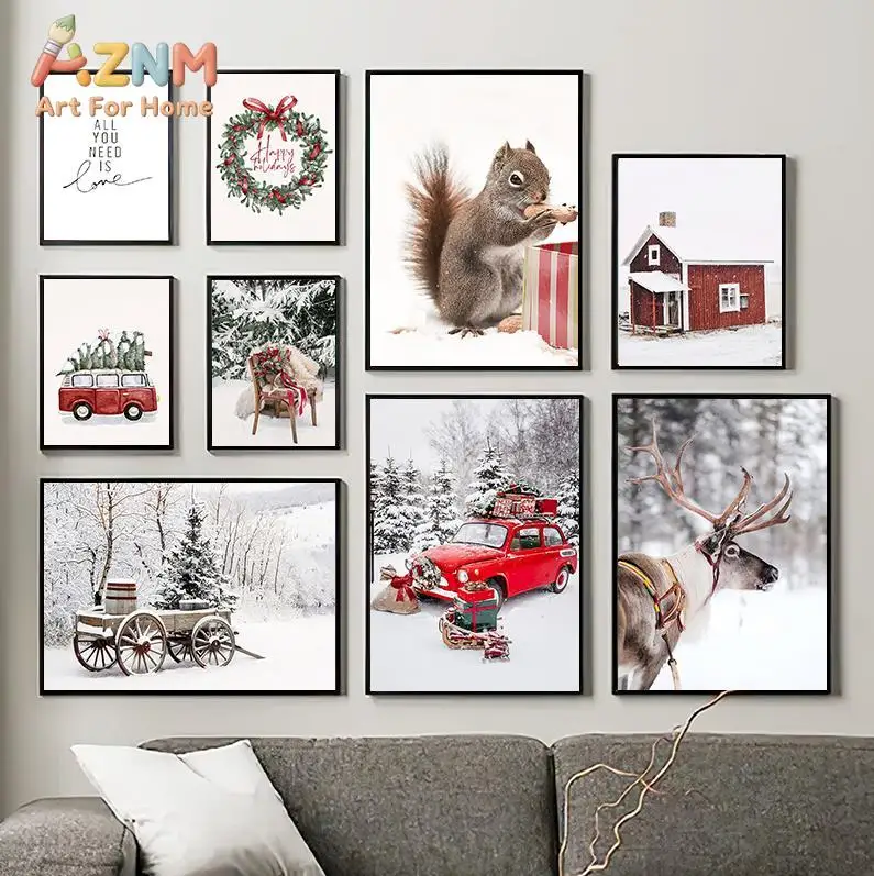 AZNM Winter Christmas Squirrel Reindeer Red Truck Snow Scene Canvas Wall Art, Frameless X‑mas Nordic Style Canvas Print for Indo