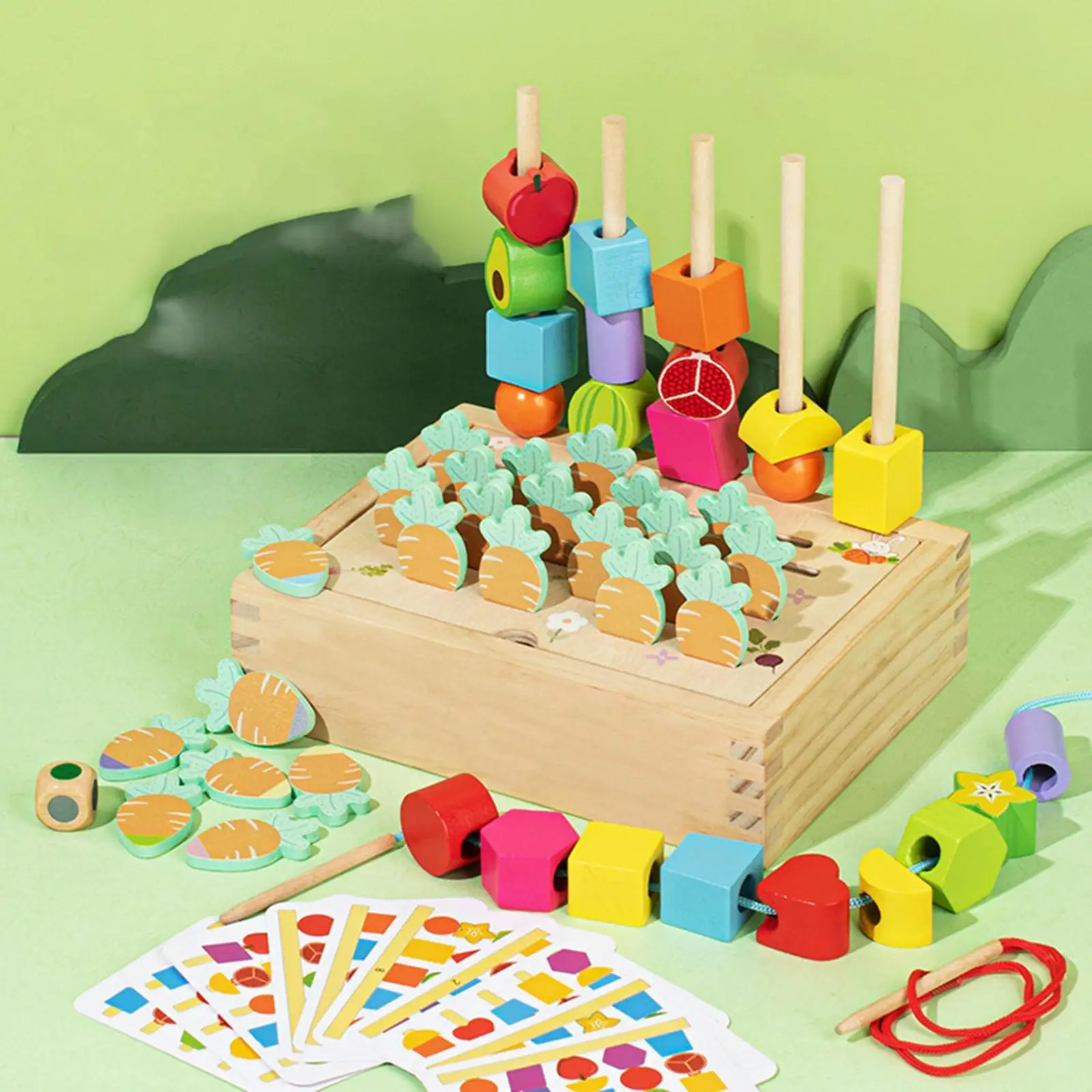 Montessori Wooden Beads Sequencing Toy Set Matching Shape Colors Toys Preschool Learning Activities Lacing Beads for Kids