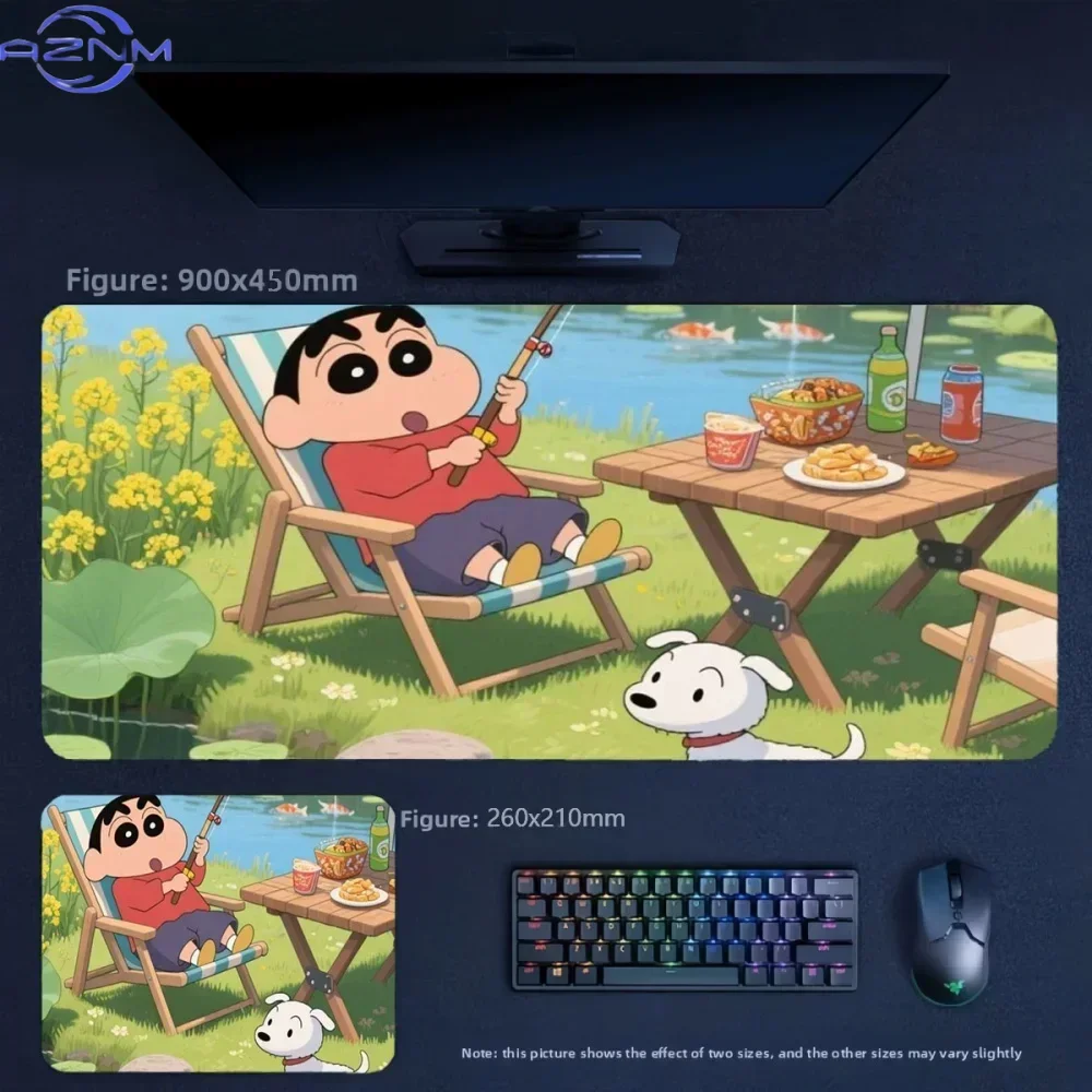 Anime Crayon Shin‑chan Fishing Picnic Scene Large Mousepad, Rubber Non‑Slip Extended Gaming Desk Mat, Waterproof Anti‑Fray Mouse