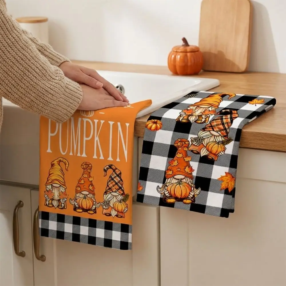 2Pcs Soft Absorbent Fall Gnome Dish Towels Microfiber Maple Leaf Kitchen Hand Towels Autumn Harvest Quick Dry