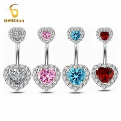 G23titan 6-16mm Length 14G Titanium Curved Barbell Zircon Heart Belly Button Piercing Ring Women Navel Piercing Ombligo Jewelry