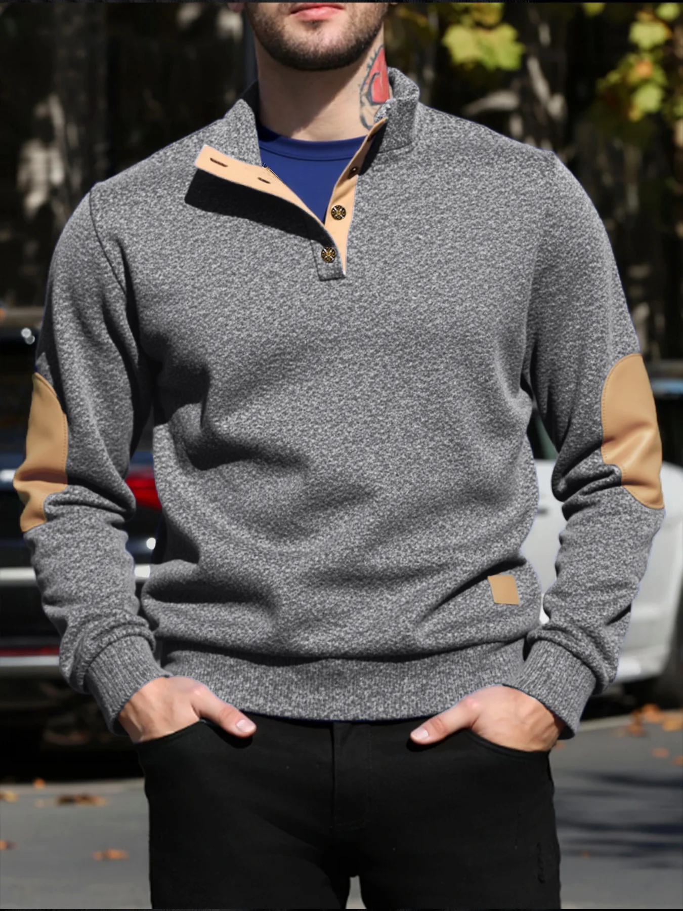 Men Stand Collar Pullover Sweatshirt Elbow Patches Button Placket Neck Long Sleeve Casual Autumn Winter Outerwear Top