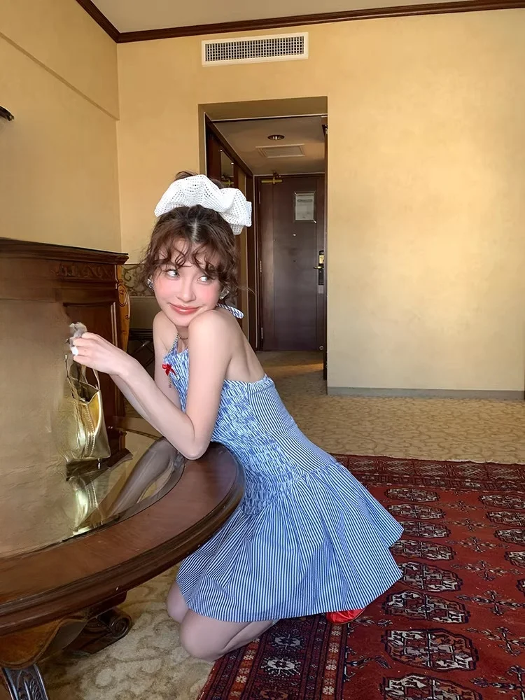 

Сексуальная женская короткая юбка DULA в сине-белую полоску, летний облегающий топ на бретельках из хлопка и полиэстера