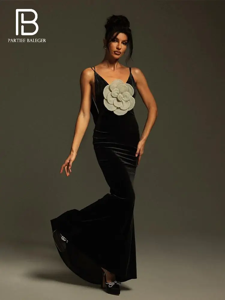 

PB Летнее черное бархатное длинное платье макси с подтяжками и большим цветком крест-накрест с открытой спиной Русалка плиссированное выпускное коктейльное вечерние Eve